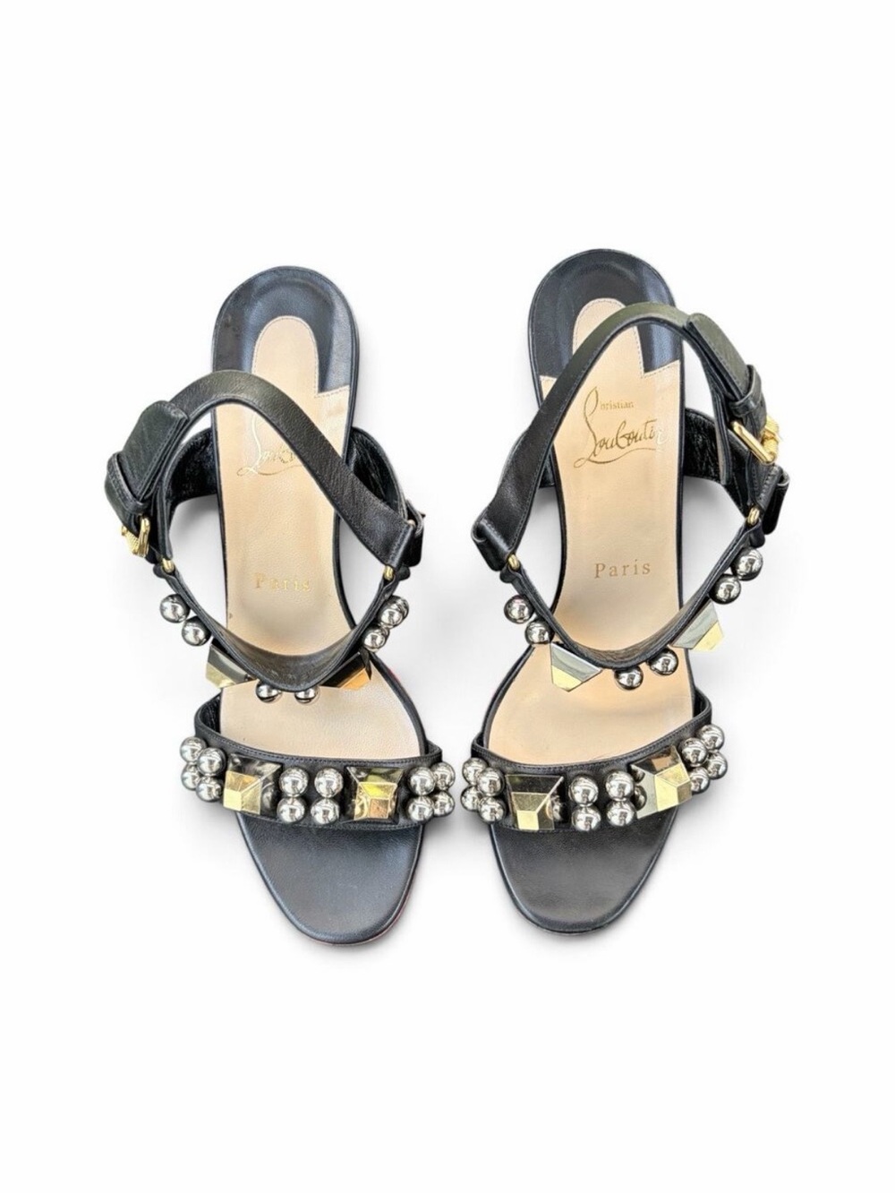 Christian Louboutin Pyrabubble Black Leather Studded Ankle Strap Sandals 38 COA